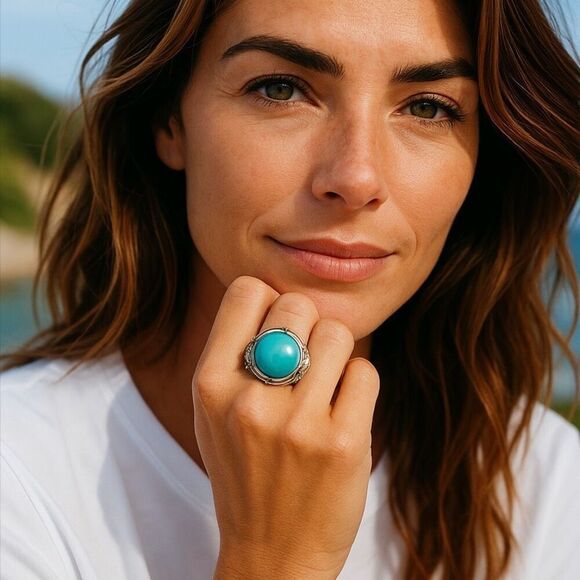 Mojave Blue Turquoise Turtle Motif Statement Ring Bold Southwestern Style New - Picture 6 of 6